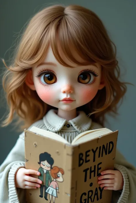 Profile photo of a girl made of cardboard film with brown hair, brown eyes, small nose and small lips holding a book called Beyond the Gray with a couple on it 