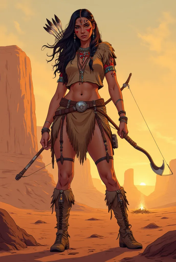 "A fierce sexy and proud young Apache warrior woman stands in the golden light of dawn, exuding strength and determination. Her long, raven-black hair is adorned with intricate braids and eagle feathers, symbols of her warrior spirit. She wears traditional...