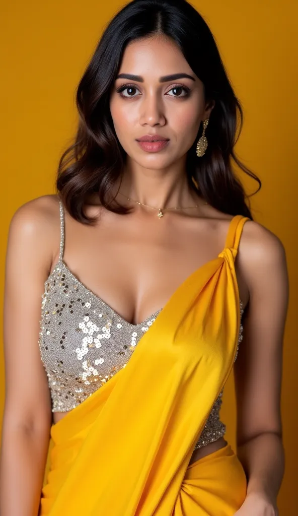 Generate a ultra realistic close up front image of a woman in a golden yellow sequins sleeveless saree. She is wearing a silver shimmering blouse with mirror sequins. It has no sleeves, has a silver satin finish with spaghetti straps. Face and body facing ...