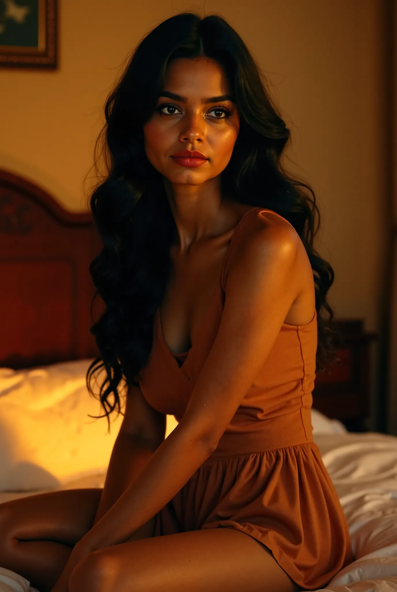 Image Prompt:
"A stunning young Indian woman sitting gracefully on a bed in a softly lit, vintage-style bedroom. She has long, wavy black hair flowing over her shoulders, deep expressive eyes filled with an unknown intensity, as if a hidden fire burns with...