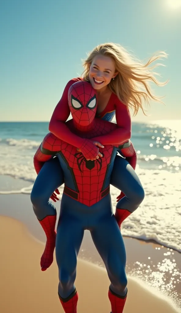 detailed image of supergirl smiling and jumping on spiderman's back hugging him on a beach, hyper realistic, hdr