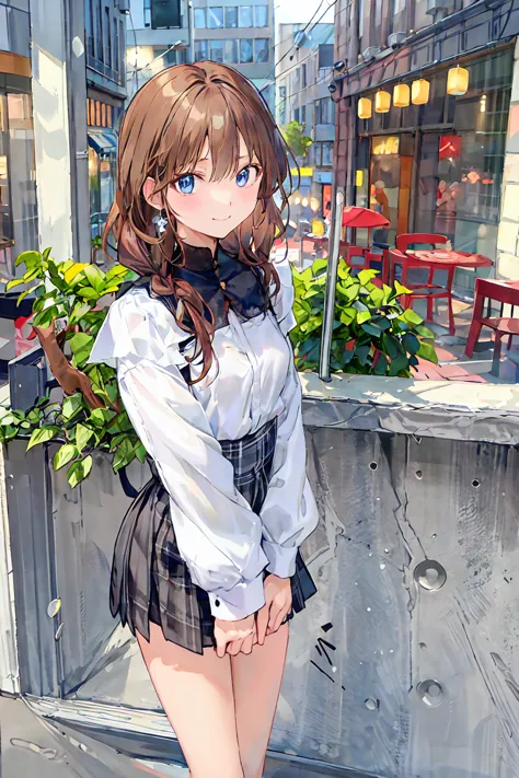  for lightss,  for lights  ，     Beautiful facial details  ，cute，    dark eyes，(背の低いcute女の子，Young student，Young and delicate girl）,（      masterpiece   ，  for lightss,  for lights  )，      black hair，  plaid black skirt ，    brown hair，     shortcuts ，   H...