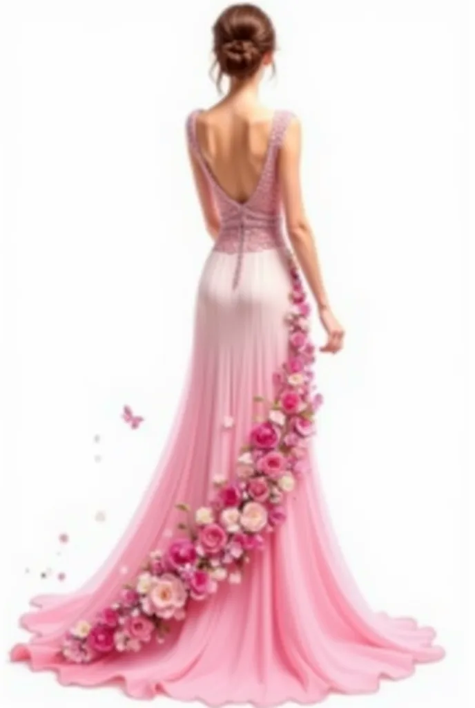 Create a woman seen from the back, wearing a stunning long dress in pink tones. The dress has a fluid effect, as if it were made of watercolor, with the pink color intensifying from the waist down and fading to white at the bottom. The skirt is wide and fl...