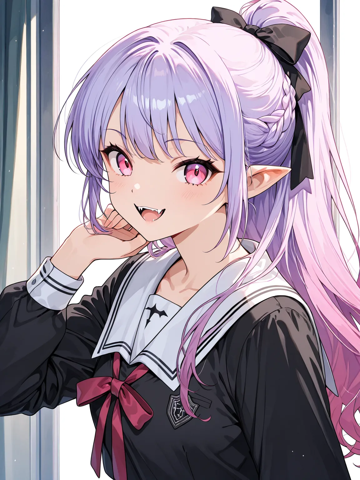 ((masterpiece, best quality, extremely detailed)), 1girl, light purple hair, long hair, ponytail, pink eyes, hair ribbon, vampire, school uniform, black pantyhose, fang, grin, looking at viewer, 