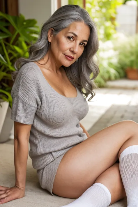 (              Spanish, wrinkles, gray hair sweater,     50 years old    con una línea no recta,  small breasts, thin,                 long wavy hair, big brown eyes, thick lips)         beautiful legs,  socks, skirt,    50 years old   ,                 de...