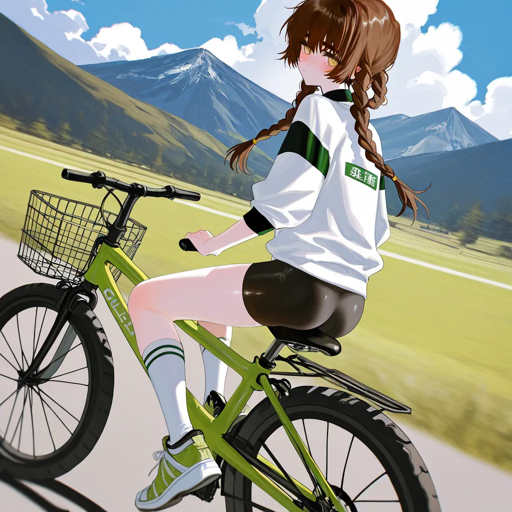 (diyokama:1.2), iwzry, luoman19921, honnryou hanaru, rsef style, 1girls, Suzuha Amane \(steins;gate\), ass, green bicycle, blue sky, blush cloud, day,from behind, legs, looking at viewer, looking back, mountain, outdoors, pantyhose, rear view, bike shorts,...