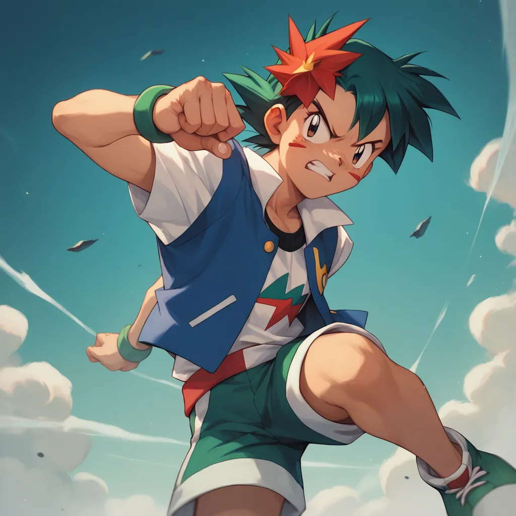 Ash Ketchum pokemon battle pose , looking determined , epic pose, retro anime style. 