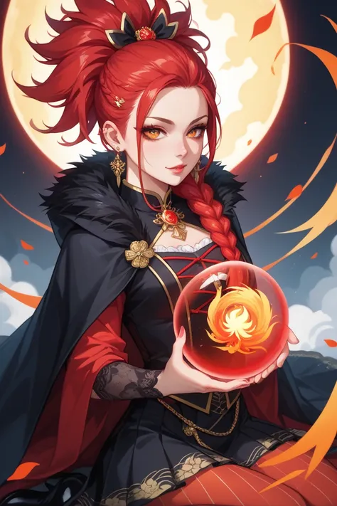 One wrapped in a black cape, with flowing red hair, kneels amidst a vibrant and swirling golden mist, holding a bright red orb in her hands. The intense focus on your face casts a spooky and captivating glow on your features. O Background is a mix of a Pho...