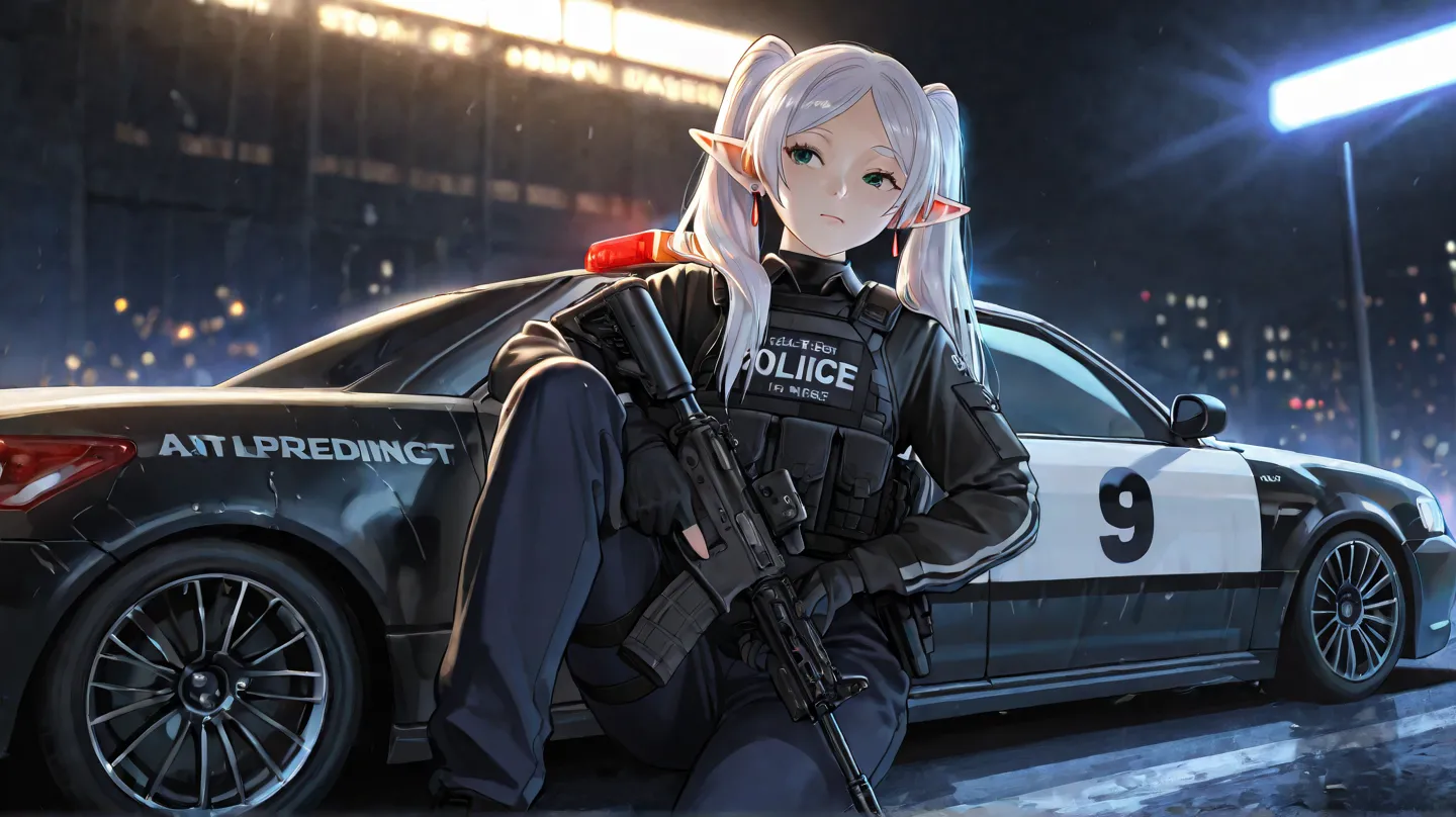 Frieren is wearing a army bulletproof, black tactical shirt and driving a police car in night time, straight face, more details, smooth quality, lovely.