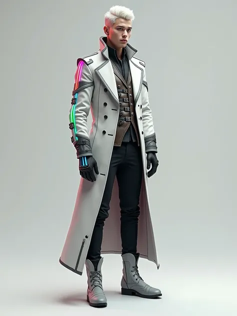 looks futuristic and magical, How Oz, And stylish ,  with  tecnológicos e uma paleta de cores inspirada no arco-íris. Here is the detailed description:

Jacket and Top

Large tailoring coat, High collar, type of a prince.

O exterior do casaco é principalm...