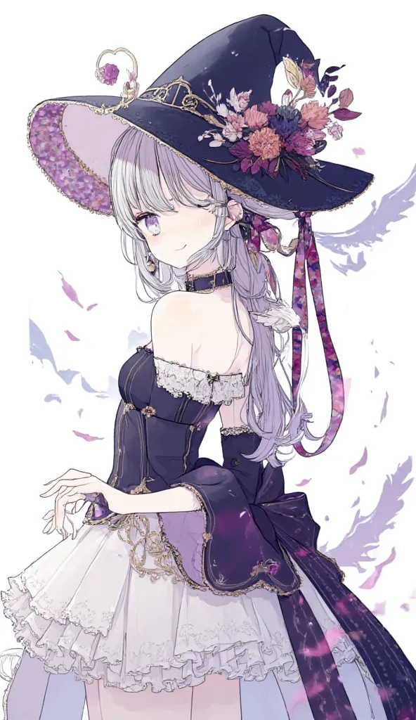 anime girl with a witch hat , The Herta,  detailed key anime art, shadowverse style,  splash art anime girl, beautiful and slim girl,  key art feminine, fine details. her eyes are dull and white. The background is white. full body view