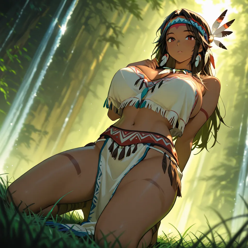 Anime woman in the guise of a Native American chief, huge partially naked tits  , High quality, high detail, skin slightly sparkles, in thongs , at dawn on the grass, is kneeling, , rays shine into the frame, background blurred, in the background waterfall...