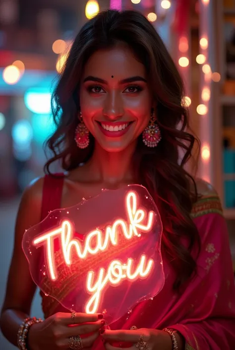 A gorgeous indian woman as Hot sexy bhabhi big boobs in saree open, smiling adorably, holding a neon sign written "Thank you",  8k Ultra HD detailed photograph 