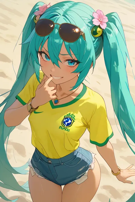 hatsune miku brazilian, ((girl making lewd penetration gestures)), ((girl full of naughty expression)), (young girl), BREAK girl, coquette girl, golden bracelets, necklaces, flower hair ornaments, dark glasses on the head, blue hair, twintails, long hair, ...