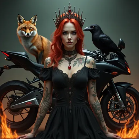 Realistic Woman with red hair and crown wearing black gown. Tattoos on her arms. A fox beside her. Crow on her shoulder. Black Kawasaki style bike behind her. Add flames