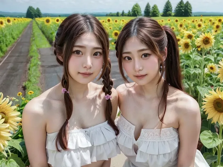 ( 2Girls),((( high quality、 high precision 、4K,8k)))、smile、 beautiful body 、Be modest、pigtail、 , hair ornaments, flowers 、Strapless Bodysuit, Random Color、Twintails low、Beautiful collarbone、White skin、Sensitive skin、relocated、moan、, she is a nice girl with...