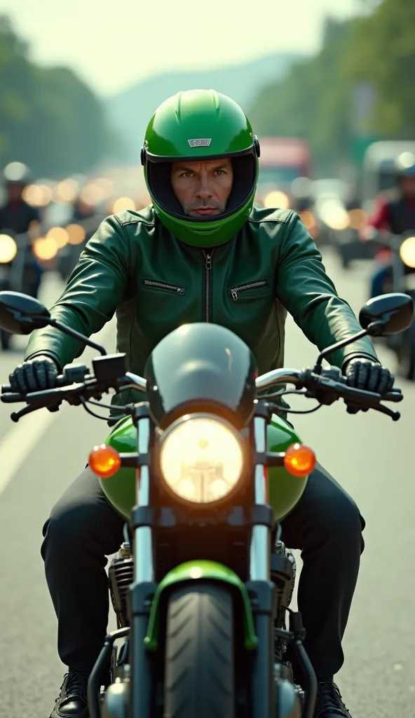 (photorealism:1.2), man riding motorcycle, wear green jacket grab, green helmet grab, driving on highway full of vehicles, daytime 