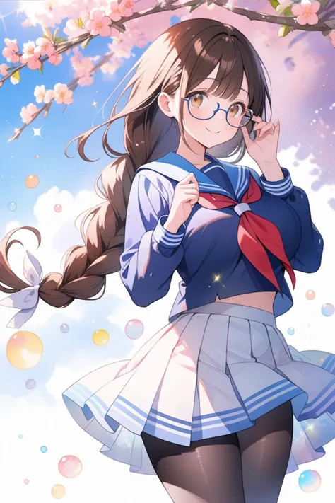 (ultra detailed:0.7), (soft pastel tones, watercolor, bright color, transparent, gradation), (cute girl with single braid), (dark brown hair, low-braided long hair, braid with white ribbon), 17yo, light brown eyes, tareme, glasses, smile, large breasts, la...