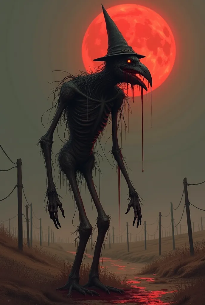 Create a scarecrow with a pointed hat with the head of a bird dripping blood amidst a dry plantation and a blood moon