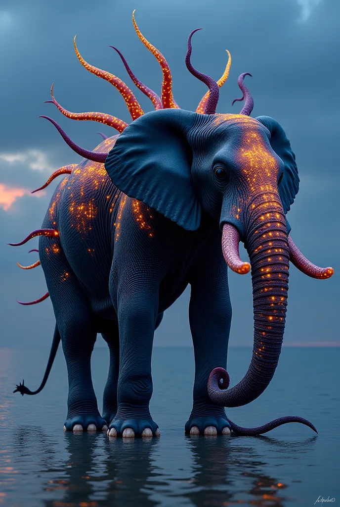 bizarre yet mesmerizing hybrid of an African elephant, a giant octopus, and a venomous viper. It has the thick legs and body of an elephant but with smooth, iridescent octopus skin. Eight long, flexible tentacles emerge from its back, each covered in biolu...