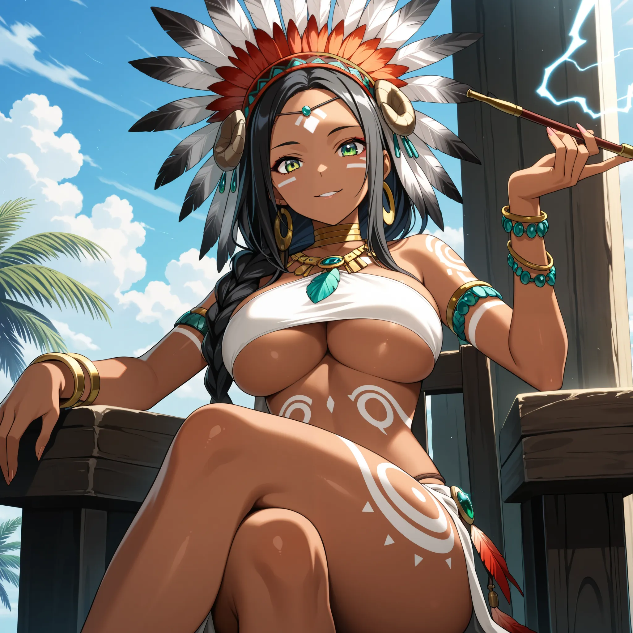 masterpiece, best quality, amazing quality, Anime Screencap. BREAK. 1girl, breasts, underboob, green eyes, bodypaint, horns, jewelry, sitting, tattoo, headdress, bracelet, braid, large breasts, crossed legs, dark skin, smoking pipe, solo, cloud, tribal, bl...