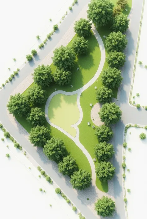 Can you make me a park design in plan view on the next block or architectural plot that is painted green in the following image (The figure that looks like a triangle). Keep in mind that this image corresponds to an architectural urban plan in plan view. T...