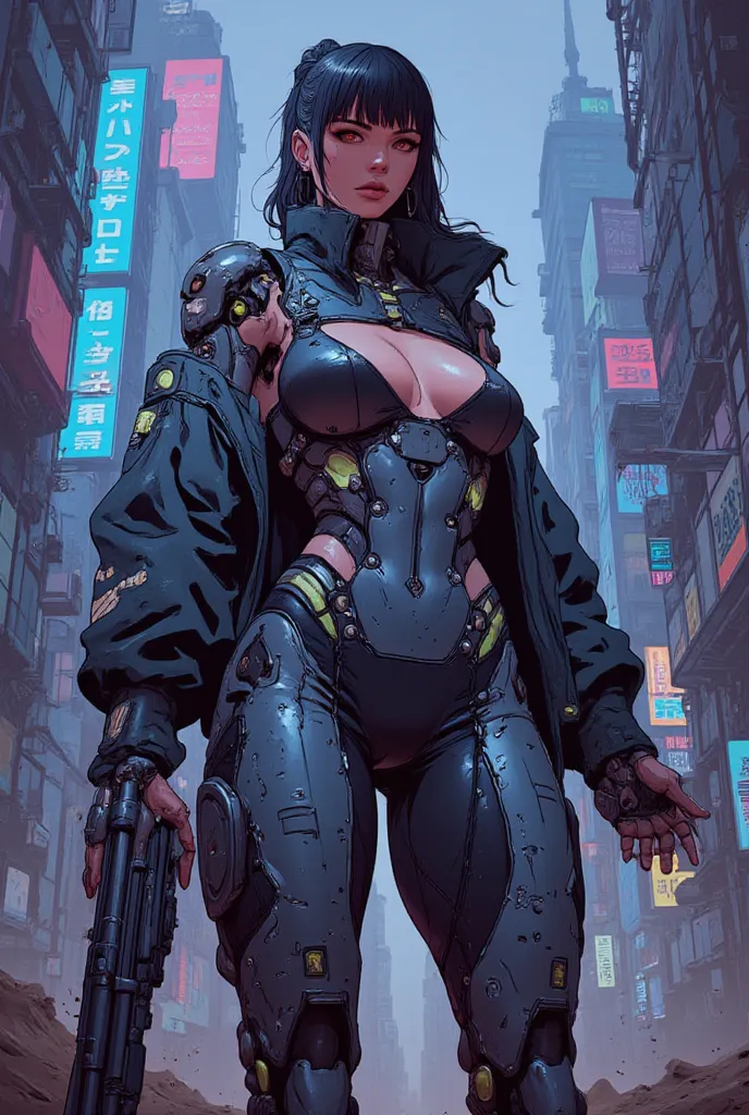 une femme cyborg sexy. cyberpunk. Composants cybernétiques. Vêtements cyberpunk . Queue de cheval et frange. poitrine tombante énorme. Très Large décolleté. Ville dystopique. Elle est armée d'un fusil de précision sniper. Elle porte une armure cybernetique...