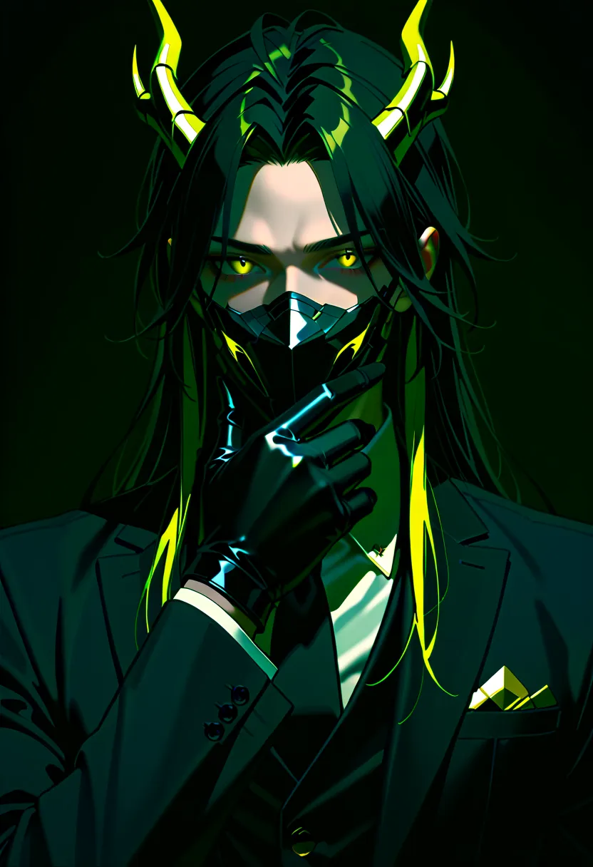 1 male, black hair with golden yellow highlights, golden eyes, short dragon horns with dark blue tips, wearing a black mask covering his mouth, good looking, wearing black formal clothes.