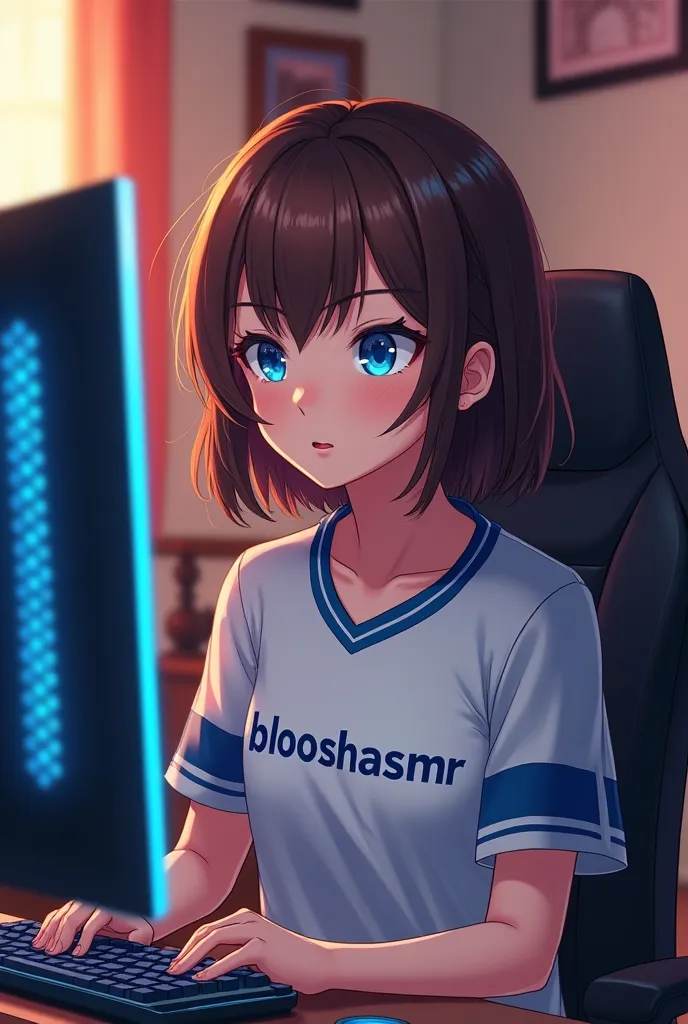 Short haired brunette  with a jersey that says "BlooshASMR". Light skin, blue eyes, pink lips, playing video games