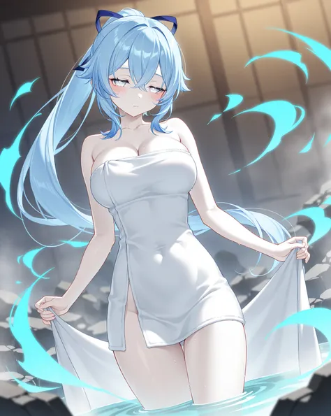 best image quality、Hi-Res、 diamond blue hair 、white eyes、、hot spring、   、美しいchest、  best thighs、Blue aura、 long hair、best image quality、floating rubble、bath towel、 white skin、 the royal family、、Straight face、Looks sleepy、chest、Big Breasts、Ultra-clear、 Gens...