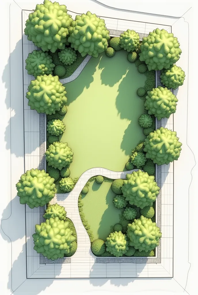 Can you make me a park design in plan view on the next block or architectural plot that is painted green in the following image (The figure that looks like a triangle). Keep in mind that this image corresponds to an architectural urban plan in plan view. T...