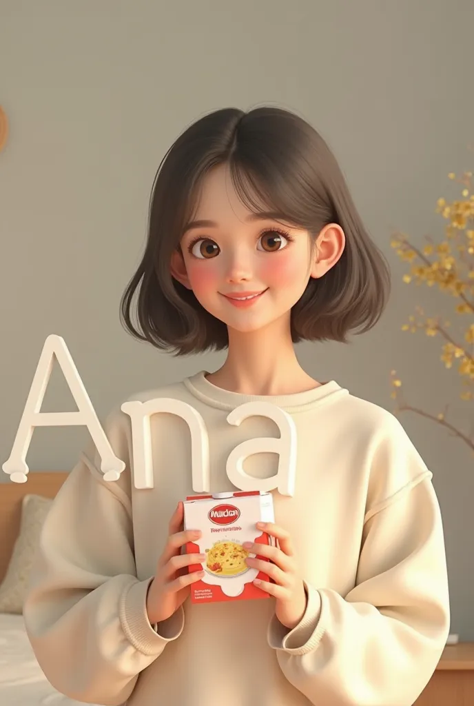 Create an image of a ager close to 18 with a box of mucilon milk and also spelled Ana 