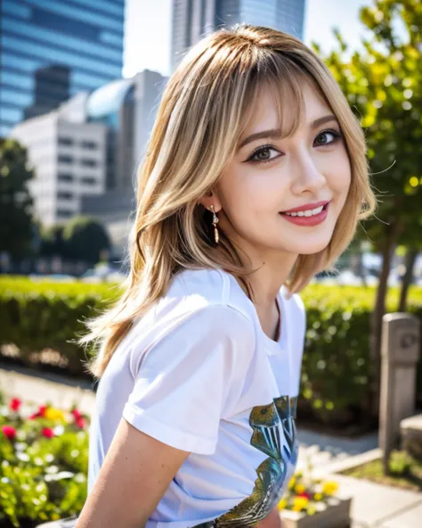 Japanese woman, Blonde short hair, glamorous body, natural movement, front, eye contact, in the city with high-rise buildings, white tight T-shirt, black pencil tight mini skirt