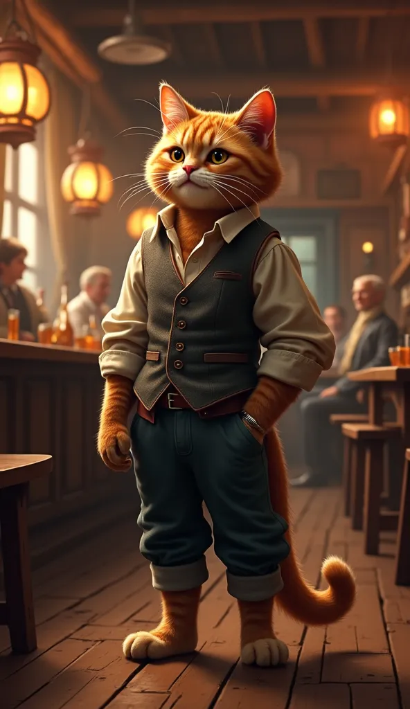 
The cat is standing on 2 legs, dressed coolly at the tavern