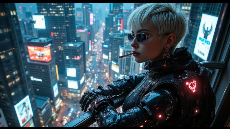 A young woman with short, undercut platinum-blonde hair leans against the railing of a high-rise balcony, overlooking the chaotic neon sprawl of Night City. She wears a form-fitting, high-tech jacket with glowing circuitry embedded in the fabric, and a pai...