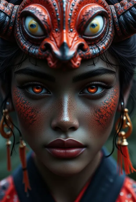 A powerful oni woman, beautiful detailed eyes, beautiful detailed lips, extremely detailed eyes and face, long eyelashes, dark skin tone, Japanese demon Noh mask, flowing robes, attacking with love, fantasy creature, vivid colorful, matte, dark tone, high ...