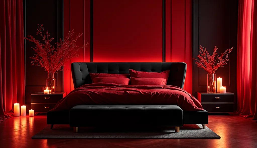 A luxurious bedroom with a black bed on the side. The room has red flowers and candles. The room is luxurious and modern. Its design is elegant and luxurious. The bed is black and has a red color and candles 