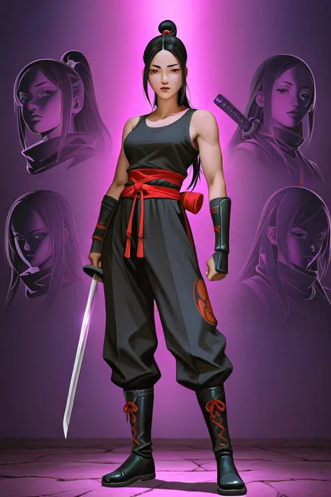 A ninja in red ninja style clothing,tank top with black pants, With long hair tie your feet, no bangs, wearing a black contoured boot, standing up pointing a sword upwards 