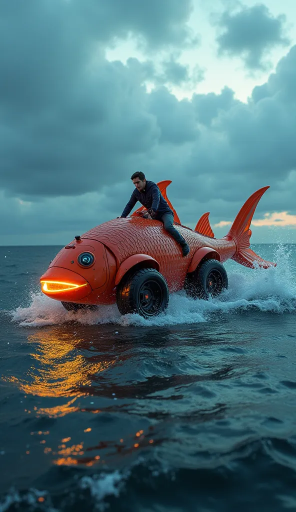 A fish-shaped rescue car with glowing scales, functional fins that act as stabilizers, and wheels that transform into propellers for underwater mobility. It is rescuing a person from stormy seas, its mechanical arms lifting the individual to safety. The se...