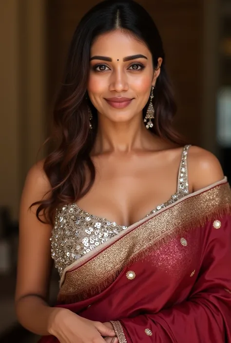 Generate a ultra realistic close up front image of a woman in a golden maroon sequins sleeveless saree. She is wearing a silver shimmering blouse with mirror sequins. It has no sleeves, has a silver satin finish with spaghetti straps. Face and body facing ...