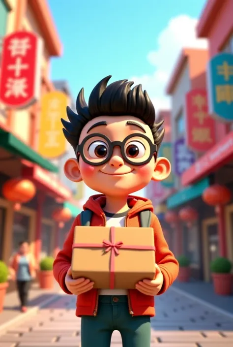 Generate Pixar-style images of a happy Chinese boy wearing glasses with a package in his hand delivering with the Shopee background