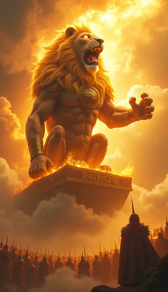 A colossal, godlike lion with a radiant golden mane that burns like a solar flare. His piercing, glowing amber eyes hold the wisdom of the cosmos, exuding divine power and supreme majesty. His muscular, battle-scarred body is clad in ornate, celestial gold...