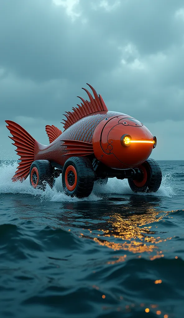 A fish-shaped rescue car with glowing scales, functional fins that act as stabilizers, and wheels that transform into propellers for underwater mobility. It is rescuing a person from stormy seas, its mechanical arms lifting the individual to safety. The se...