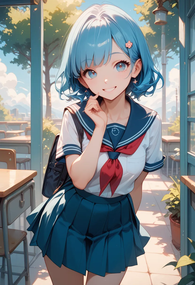 A girl,she looks cute and beutyful at the same time,she wearing school uniform,she have a blue hair,her hair kinda short(mid),She look cute and beutyful,she smile,(work of art)