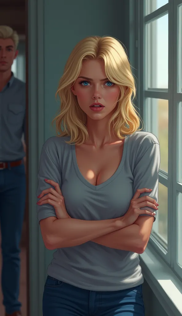 A digital art illustration of a blonde woman standing by the window, watching her husband and the neighbor talking in the hallway. Her blue eyes reflect quiet suspicion, her arms crossed. The background is blurred, focusing on her intense expression.