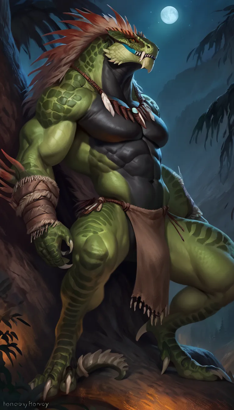 Muscular monster lizardfolk, solo, pants, mercenary, dark green body, black belly, 1male solo, anthro, bara, muscular, wide back, small waist, thick tail, thick scales on the shoulders, marked jaw, pecs, big pecs, pants, tribal clothing, loincloth, full bo...