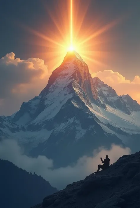 A mountain covered with snow glowing light on its top shining with rotatory speed golden rays like heavenly god's power people worshipping it from down kneeling the peak of mountain surrounded by mysterious aura and clouds realistic 4k dark coloured mounta...