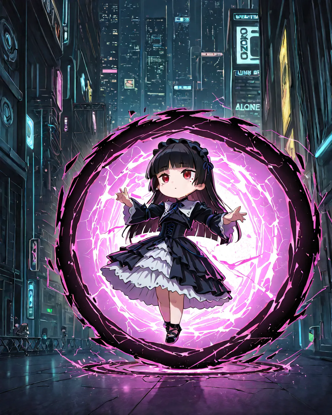  chibi,  1 girl, Alone, ruri gokou, hime cut, long hair, mole,  black hair, cut, red eyes, Gothic Lolita, dress, hair band 
 BREAK
(Portal),  Future City, quantum gate, Cyberpunk, digital light, bodies decompose,  virtual ,  reach out, blue and pink neon, ...