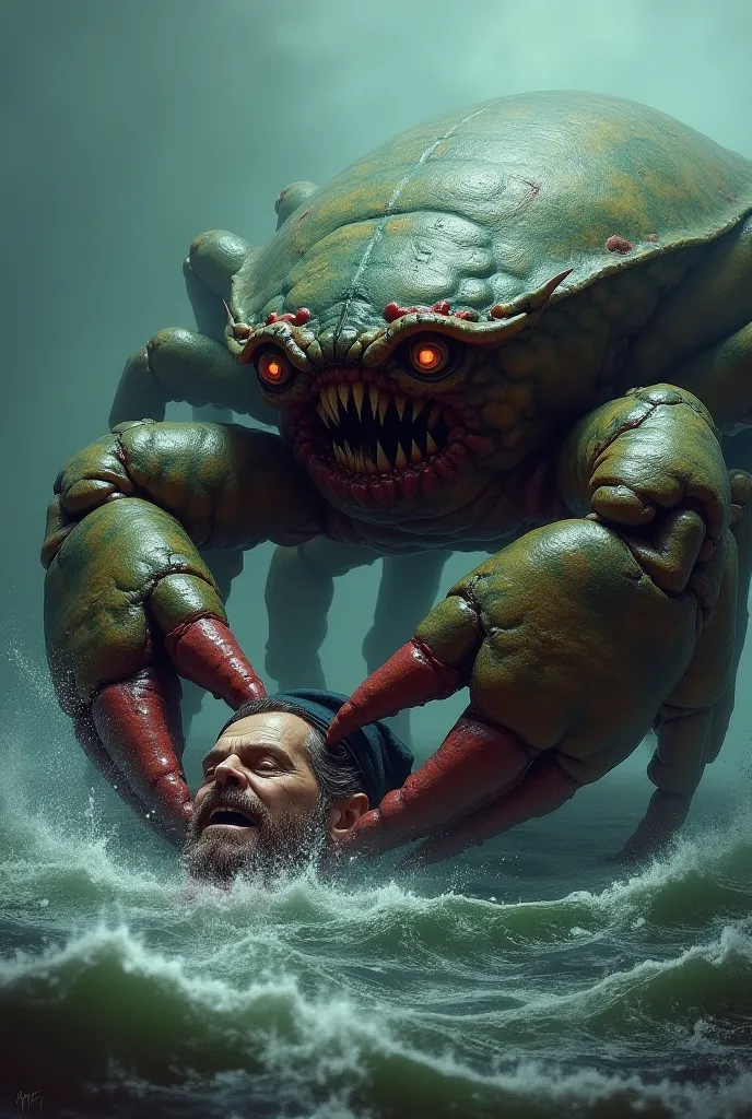 The scary giant crab in green and black that killed a sailor is the head of the sailor in the hands of the crab
