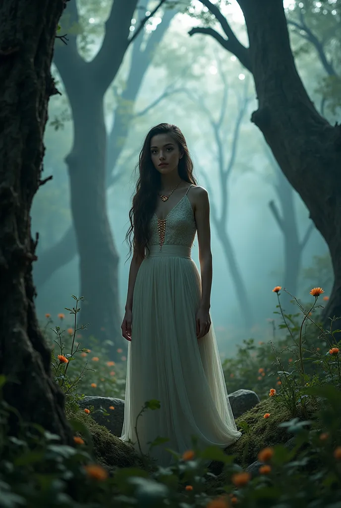 Can you create a picture for me of a girl with a necklace around her neck who is standing in the dark forest